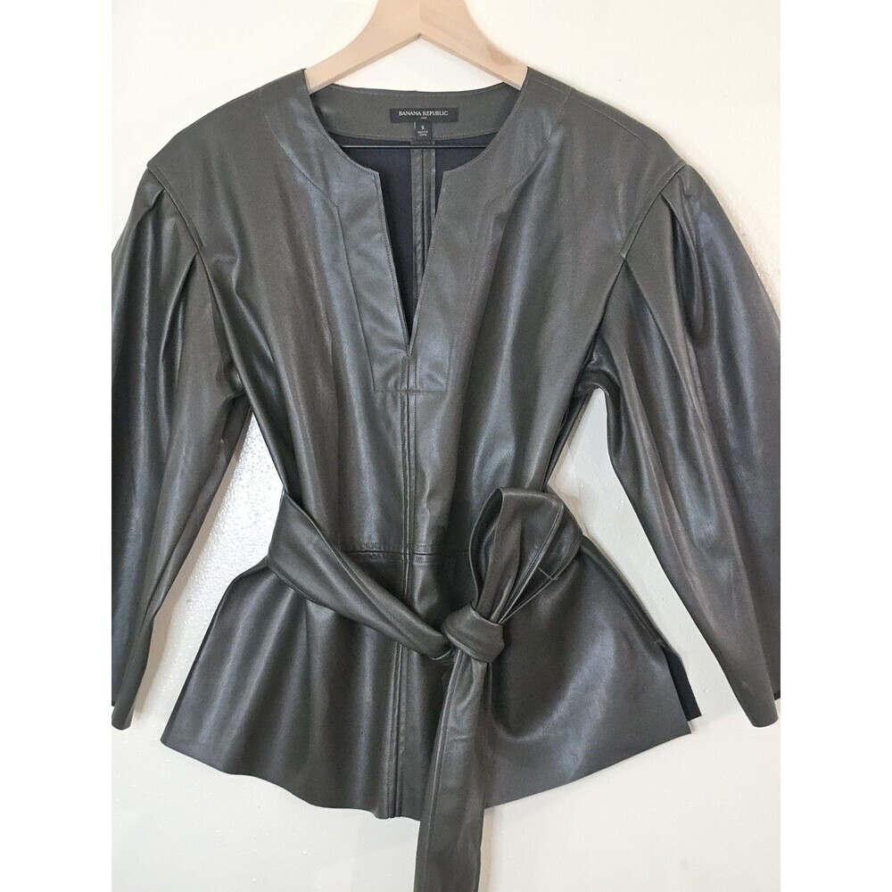 Banana Republic Womens S Olive Faux Leather Belted Tunic Top 3/4 Sleeve - Picture 7 of 13